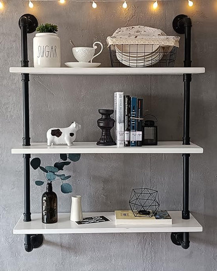 Industrial Pipe Shelving Rustic White Pipe Wall Shelves Bathroom Shelves with Wood Planks Industrial Floating Shelves 30 Inch Farmhouse Bookshelf Pipe Shelves Wall Mounted