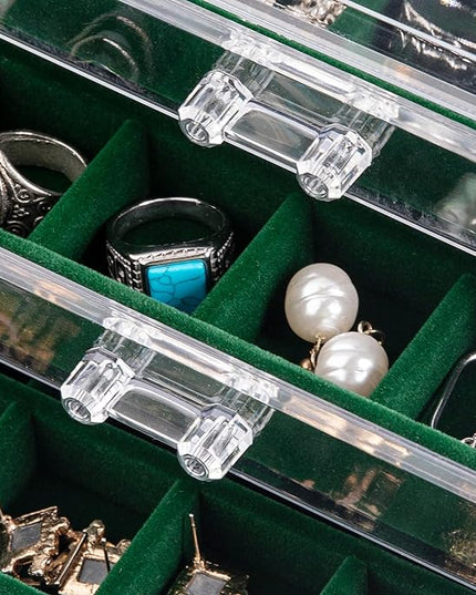 Frebeauty Acrylic Jewelry Organizer Earring Organizer Box with 5 Drawers Earring Holder Organizer with Velvet Trays Clear Jewelry Box for Women Earring Display for Rings Studs(Blackish Green)