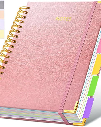 Hardcover Spiral Notebook Journal with Removable Dividers Tabs, 300 Pages Leather 5 Subject Notebook College Ruled, 8"x10" Large Notebooks for Work School, Lined Journal for Women, Rose gold
