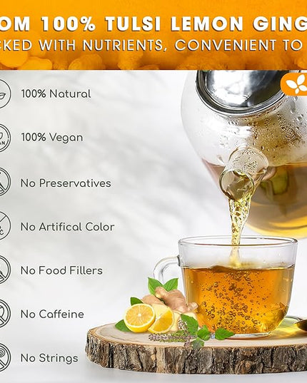 FreshDrinkUS, Premium 75 Tulsi Lemon Ginger Tea Bags, 100% Natural & Pure from Tulsi Holy Basil Leaves, Lemon and Ginger. Made with Natural Material Tea Bags. No Sugar, No Caffeine, Vegan.