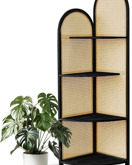 Corner Shelf Stand 4-Tier 70" Corner Shelves Display Shelf Pine Wood Frame with Rattan Wall Corner Bookshelf Multi Unit Organizer Rack with Legs for Living Room Decor,Small Space (Black)