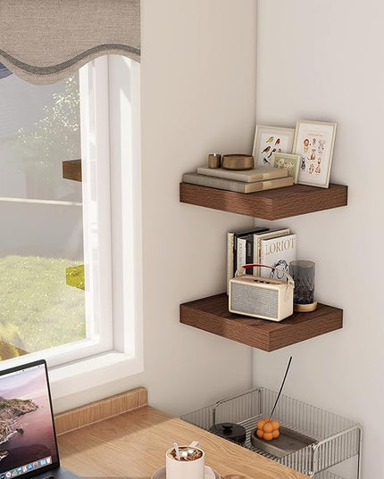 Fun Memories 12 Inch Floating Shelf, Rustic Wood Wall Shelves for Wall Decor & Storage, 12 x 12 Floating Shelf for Living Room, Bathroom, Bedroom, Walnut, Set of 2