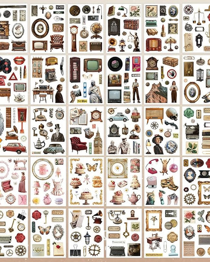 PRSTINCOL Vintage Sticker Book with 30 Pages and 300+ Aesthetic Stickers for Scrapbooking Supplies and Retro Bullet Journal