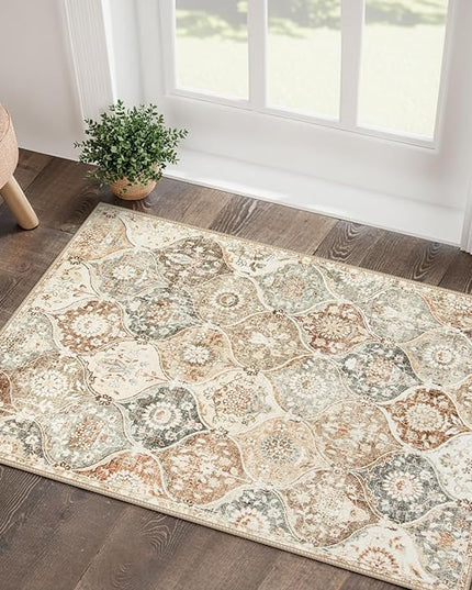 Lahome Moroccan Trellis Entryway Rug, 2x3 Kitchen Rugs Non Slip Washable, Non-Slip Indoor Door Mat Ultra-Thin, Small Throw Carpet for Bathroom Bedroom Entry, Khaki