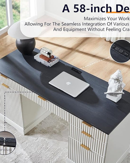JXQTLINGMU 58" Modern Executive Desk with Storage, Wood Home Office Desk with 5 Drawers & 1 Cabinet, Fluted Computer Writing Desk for Study, Living Room, Bedroom, Antique White