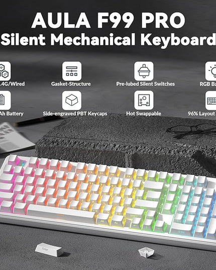 AULA F99 Pro Wireless Mechanical Keyboard-Silent Version,BT5.0/2.4GHz/USB-C Hot Swappable Custom Keyboard,Gasket Structure,Pre-lubed Linear Switches RGB Backlit Computer Gaming Keyboards,White