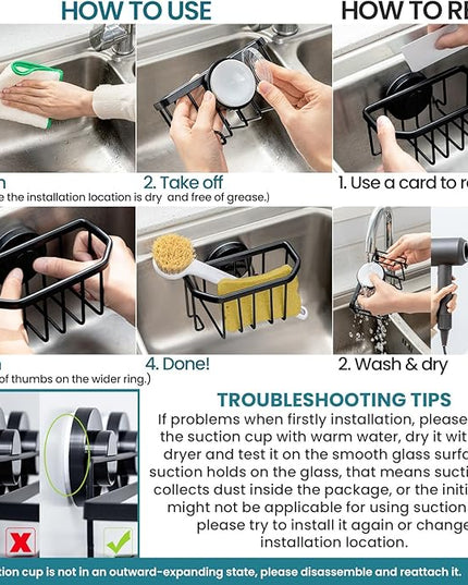 TAILI Sponge Holder for Kitchen Sink with Strong Suction Cup, Rustproof Aluminum Sink Caddy for Sponges, Brushes, Stoppers & Scrapers, Black