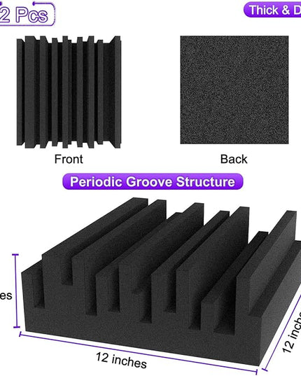 TroyStudio Thick Acoustic Foam Panels, 12 X 12 X 3 Inch 12 Pcs Broadband Sound Absorbing Foam, Dense Soundproof Padding Tile, Recording Studio Foam Absorber, Groove Decorative 3D Wall Ceiling Panel