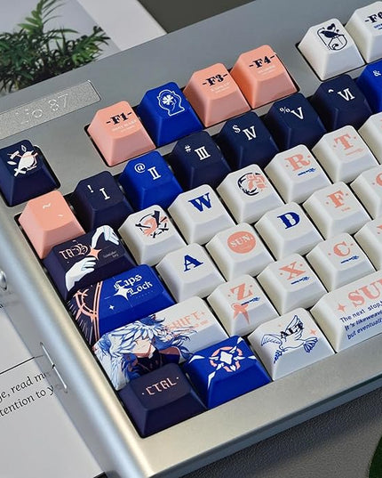 PBT Material Keycaps 130 Keys，Japanese Anime Style Keycaps Cherry Profile Dye Sublimation Keycap Blue White Custom Key Cap Set for Mechanical Keyboard 61/64/75/84/87/104/108 Layout