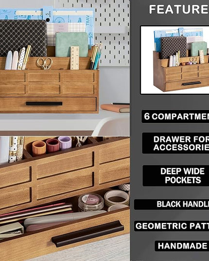 dreampossible Brown Wood Desk Organizer and Accessories with Drawer, Bill Mail Organizer and File Mail Holder for Office Supplies, Rustic Desk Accessories & Workspace Organizers