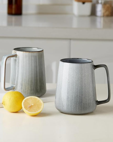 HYTYSKAR 24 OZ Extra Large Ceramic Coffee Mug, with Spoon and Wooden Lid, Big Tea Cups with a Large Handle for Office and Home, Microwave and Dishwasher Safe (24 oz Grey Set)