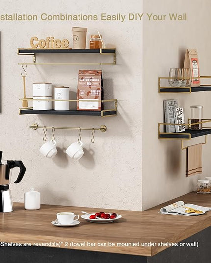 Forbena Black and Gold Bathroom Floating Shelves for Wall, Decorative Wall Mounted Shelves for Kitchen Coffee Bar Station Organizers and Storage, Hanging Shelving Unit for Bedroom Living Room (2-Pack)