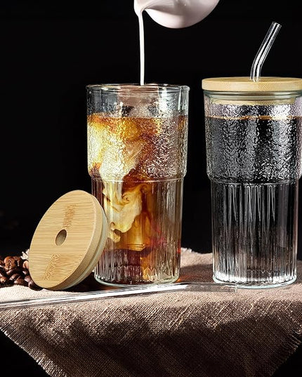 Joeyan 24 oz Clear Glass Tumbler with Straw and Bamboo Lid,Ribbed Large Glasses Cups for Iced Tea Coffee Smoothie Water Juice Beverages Soda,Thickened Drinking Jar,Set of 2,Dishwasher Safe