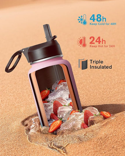 40 oz Insulated Water Bottle with Straw&3 Lids, Coolflask Stainless Steel Metal flask Wide Mouth for Sports or Office, Non-BPA Keep Cold Up to 48 Hrs or Hot Up to 24 Hrs, Bubblegum Princess