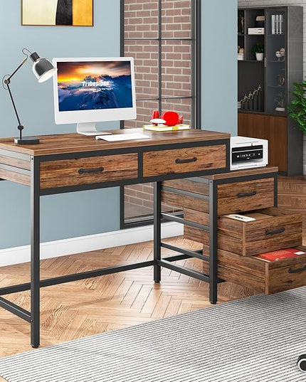Tribesigns Computer Desk with 5 Drawers, Home Office Desks with Reversible Drawer Cabinet Printer Stand, Industrial PC Desk with Storage, Rustic Study Writing Table Workstation for Small Spaces