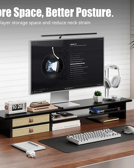 Dual‑Tier Monitor Stand Riser with Drawers, Desktop Organizer Shelf Storage for Computer Screen 2 Monitors, Supports for PC Computer Monitor, Printer, Heavy TV Riser Black