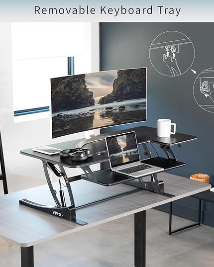 VIVO 48 inch Height Adjustable Large Stand Up Desk Converter, V Series, Quick Sit to Stand Tabletop Dual Monitor Riser Workstation, Black, DESK-V048V