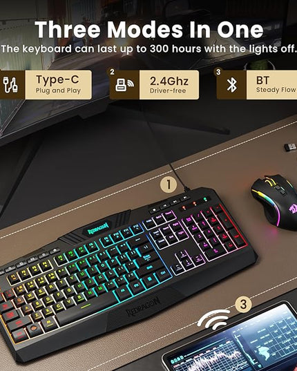 Redragon S101M-KS Gaming Keyboard and Mouse Wireless with Tri-Mode, RGB Keyboard and 4800 DPI Gaming Mouse, 10 Independent Multimedia Keys for Wins, PC, Computer, Wireless S101 Ideal for Gamer