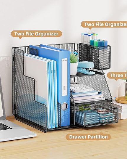 Marbrasse Desk Organizer and Accessories, 3-Tier File Organizer with Drawer and Pen Holder, Small Desktop Organizer and Storage for Workspace Office Supplies Black