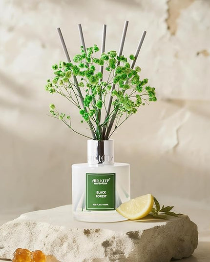 Airkeep Reed Diffuser Set,3.38 fl oz (100 ml) - Black Forest Oil Diffusers with 8 Reed Sticks, Home Fragrance Reed Diffuser for Bathroom Shelf Decor