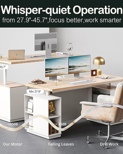 71" Standing Desk with 2 File Cabinet, AC/USB, 1.18" Desktop, L Shaped Height Adjustable Desk, Electric Furniture Set with Multiple Functions for Home and Office, Light Walnut