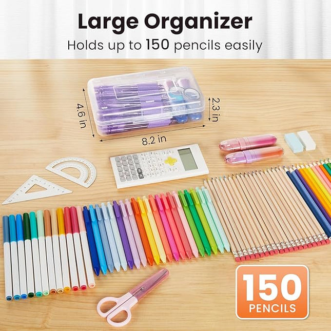 Sooez Plastic Pencil Case Box 6 Pack, Large Crayon Maker Pen Organizer, Plastic Containers with Snap Lids, Stackable Craft Storage Boxes Bulk, School Supplies Art Box for Bead, Clear