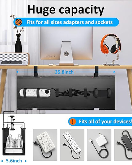 Under Desk Cable Management Tray - Under Desk Cord Management - Clamp/Screw Mount - Fabric Wire Management - Cable Raceways Tray Cord Hiders for Office/Home (Black, 35.8"×5.6")