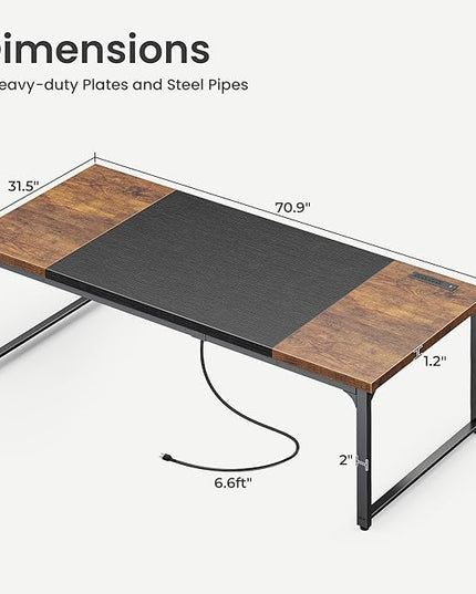 Huuger 71 x 31.5 Inch Desk with Power Outlets & USB-C, 1.2 Inch Thicker Desktop, Robust Metal Tubes, Deep Computer Desk, Heavy Duty Office Desk, Work Desk, Rustic Brown and Black