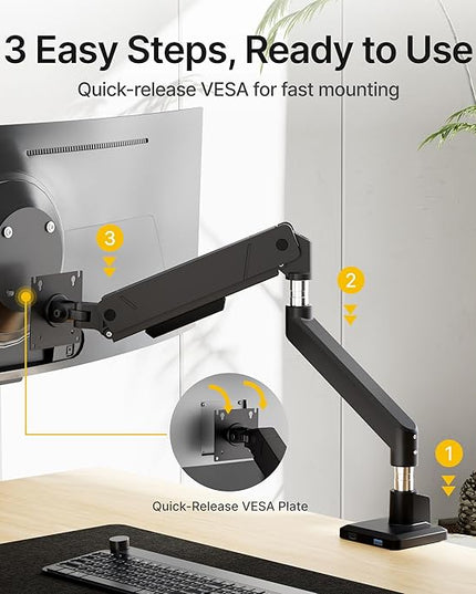 monTEK Single Monitor Arm for Max 45 Inch Ultrawide Screens Adjustable Monitor Desk Mount Holds 35 Lbs Cable Management with Clamp/Grommet Desk Mount, VESA 75/100mm, MA1007BK