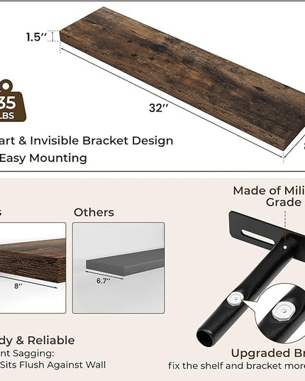 RICHFOCUS 31.5Inch Floating Shelves for Wall 2 Pack Shelves for Bedroom|Kitchen|Bathroom Wall Mounted Rustic Wood Floating Shelf with Invisible Brackets for Books|Storage|Decor, Rustic Brown