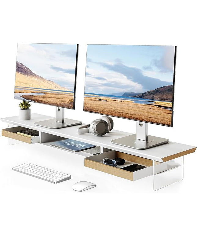 Fenge Dual Monitor Stand with Drawer, 42.5 Inch Large Monitor Riser with Acrylic Legs Supports, Computer Stand for Desk, 2 Tier Wood Desk Shelf with Storage Organizer for PC, Laptop, Printer, TV