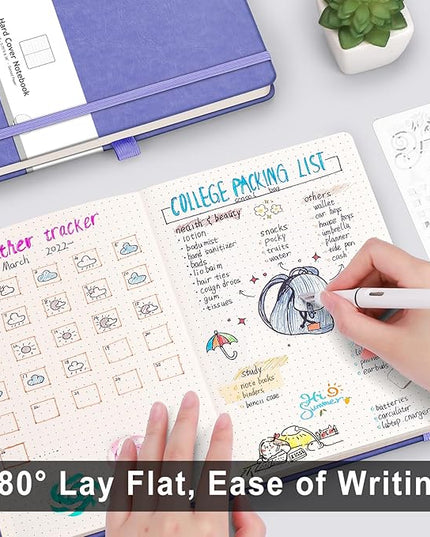 AHGXG Bullet Dotted Journal - 320 Numbered Pages Dot Grid Notebook A5 Thick Journal, 100gsm Thick Dotted Paper, Leather Hardcover,Inner Pocket, 5.75'' × 8.38''-Light Purple