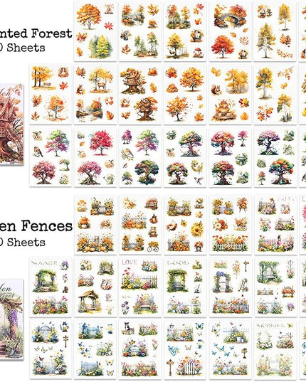 Knaid Scenery Sticker Set (490+ Pieces, 80 Sheets) 4 Pack Sticker Books Blooming Windows, Garden Houses, Enchanted Forest, Garden Fences Journaling Stickers for Scrapbook Bullet Junk Journals Planner