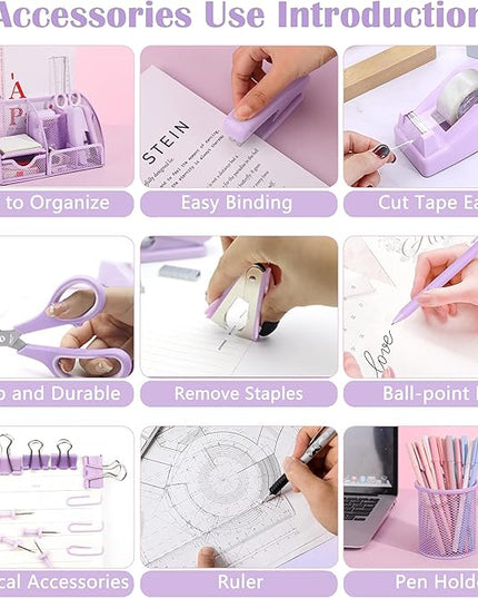 Purple Office Desk Accessories Supplies, 12pcs Desk Organizers and Accessories with Tape dispenser and Stapler,Staples,Staple Remover,Pen Holder,Scissor,Ruler,Sticky Tabs,Tape,Ballpoint Pen,Clips Set