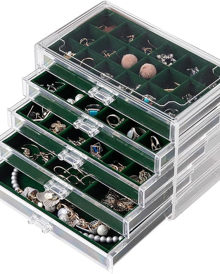 Frebeauty Acrylic Jewelry Organizer Earring Organizer Box with 5 Drawers Earring Holder Organizer with Velvet Trays Clear Jewelry Box for Women Earring Display for Rings Studs(Blackish Green)