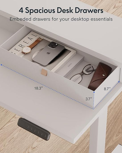 FLEXISPOT 71" Large L Shaped Standing Desk Electric Corner Table with Shelf, 4 Storage Drawers, Adjustable Computer Workstation for Home, Office, Game, Studio, White Top + White Frame
