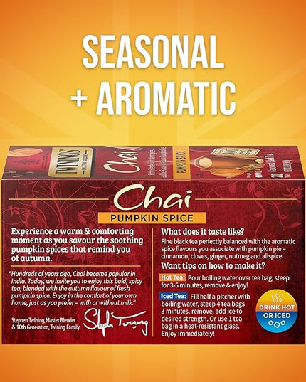 Twinings Pumpkin Spice Chai Black Tea Individually Wrapped Bags, 20 Count (Pack of 6), Warm, Spicy & Aromatic, Caffeinated, Enjoy Hot or Iced, 120 Teabags