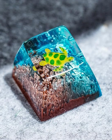 Sea Turtle Artisan Keycap Brown and Blue Coral R1 SA Profile Custom Sea Creatures Keycaps 1U ESC Handmade Gaming Resin Key Cap Cherry MX Switch Compatible Mechanical Keyboard Turtle Lover Gift