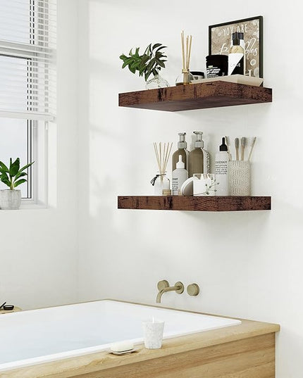Heimlove Bathroom 12'' Deep Floating Shelves for Wall - Shelf Over Toilet Wall Mounted Farmhouse 24 inches,Wood Floating Shelves Decor & Storage Set of 1,Rustic Brown