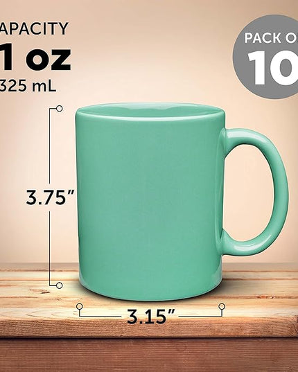 DISCOUNT PROMOS Ceramic Coffee Mugs 11 oz. Set of 10, Bulk Pack - Coffee cup set, Iced coffee cup, Gaming mug - Teal