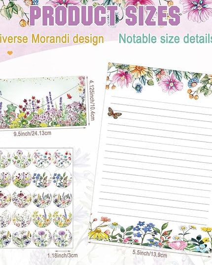 TaoBary 160 Pcs Stationery Paper Set 50 Double Sided Stationery Papers with 50 Matching Envelopes and 60 Round Dot Sticker, 10 Design(Wildflower,8.5 x 11 Inch)