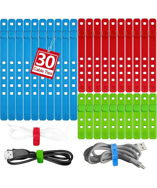 AROIC 30Pcs Reusable Silicone Cable Ties, 3-Size Adjustable Cord Organizer Set for Home Office & Travel Essentials - Under Desk Cable Management, Wire Organizer for Computer, Kitchen, Data Cords