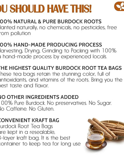 FreshDrinkUS, Premium 120 Burdock Root Tea Bags, 100% Natural & Pure, Herbal Tea. Made with Natural Material Tea Bags. No Sugar, No Caffeine, No Gluten, Vegan.