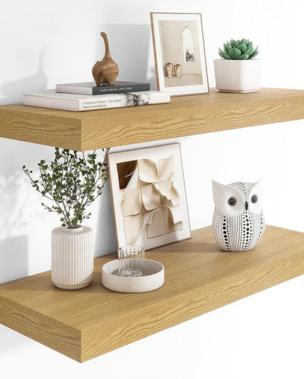 Heimlove 12" Deep Floating Shelves, 36 x 12 Inch Wall Mounted Long Floating Shelf with Invisible Brackets, for Home Decor, Bedroom, Kitchen, Living Room, Bathroom - 2 Pack, Oak