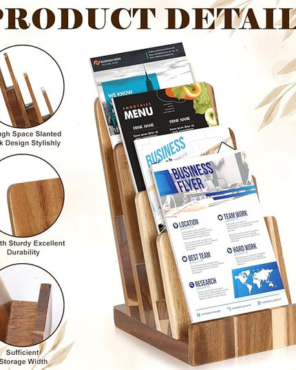 2 Pack 4 Tier Acacia Wood Brochure Holder Stand 6 x 9 inchLiterature Holder Flyer holder for 5.5 x 8.5 inch 5 x 7 inch Booklets Pamphlets Menus Magazines Multi Purpose Organizer