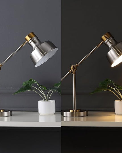 JONATHAN Y JYL7124B 18.5" Industrial Task Lamp with USB Charging Port, Nickel and Brass Farmhouse Desk Lamp with Adjustable Head for Office, Bedroom Bedside Reading, LED Bulb Included