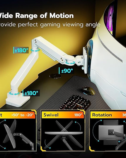 ARES WING Ultrawide Monitor Arms White with USB A/C, Heavy Duty Monitor Arm for 17 to 49 inch Screen, Holds 44 lbs, Adjustable Gas Spring Desk Mount with Clamp and Grommet Base