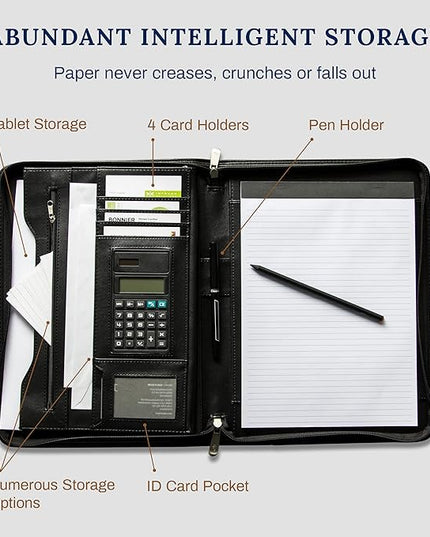 Cossini Black Superior Vegan Leather Business Portfolio with Zipper – Padfolio All-in-One. Smartest Protective 10.1 Inch Tablet Sleeve, Presentation Slot, Solar Calculator, Card Storage, Writing Pad