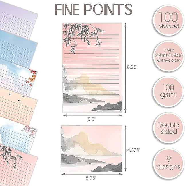 Better Office Products Mini Stationery Set of 100, Japanese Stationery Paper (50 Lined Sheets + 50 Matching Envelopes), 5.5 x 8.25 inch, 9 Designs, Double Sided Printing, One Side Lined Paper,