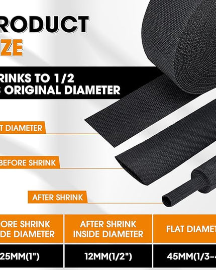 Black 2:1 Ratio Automotive Heat Shrink Braided Sleeving,Wear-Resistant Flat Woven Shrinkable Sleeve Fabric Car Cable Wires Hoses Protection (1"-35ft)